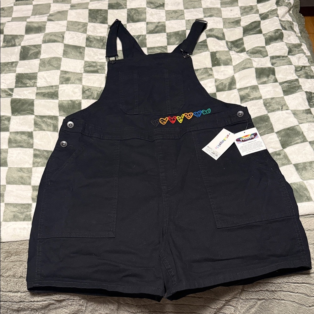 Black Denim Overalls with Heart Embroidery